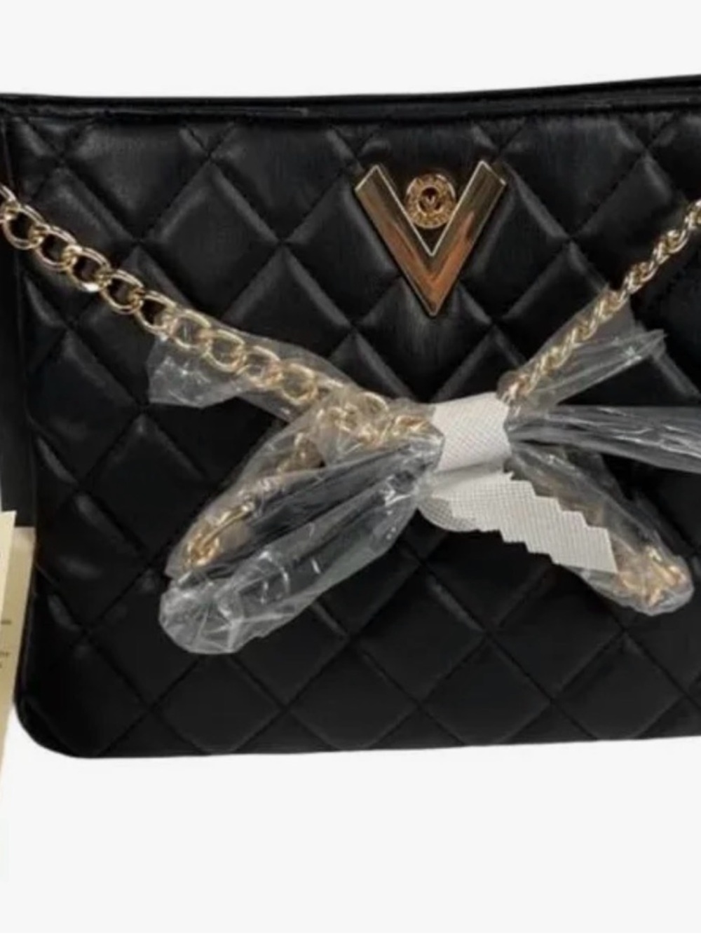 Valentino Black Quilted Shoulder Bag with Gold V Emblem